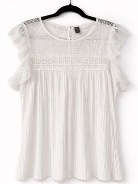 White Lace Flutter Sleeve Blouse Boho Pleated Top